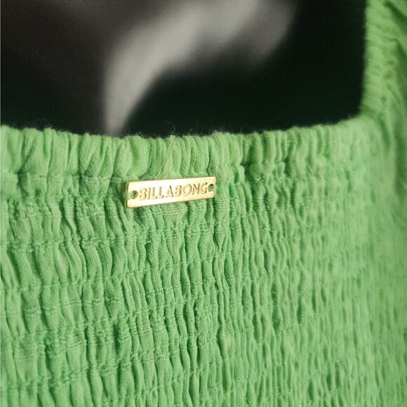 BILLABONG Smocked Dress Small Slime Green Cotton Gauze Puff Sleeve Twist Front - Picture 3 of 6